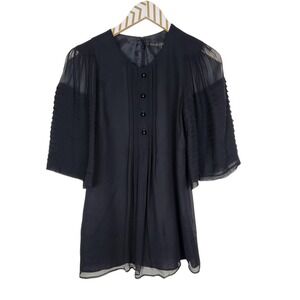 ROBERT RODRIGUEZ Shirt Womens 6 Black‎ Silk Sheer Pleated Sleeve Tunic Blouse